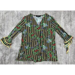 Liz McCoy Womens Blouse Medium Green Floral Stretch V-Neck 3/4 Sleeve